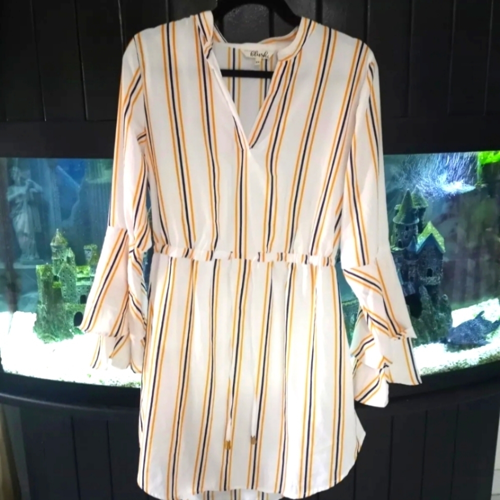 Blush Brand White w Yellow, blue stripes, flowy sleeve, XL NEW
